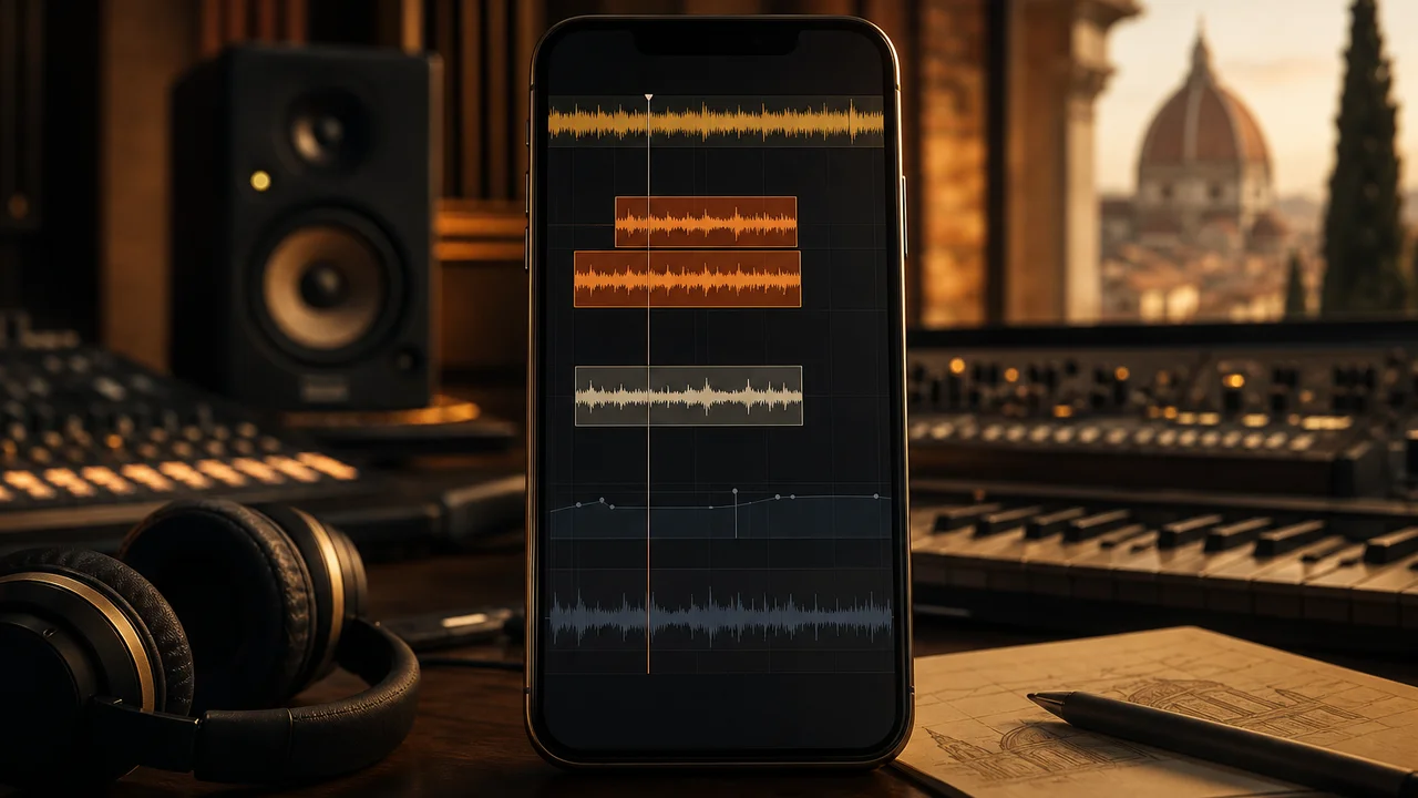 Ondas sonoras e timeline de vídeo no celular sugerindo música IA e efeitos sonoros no Studio